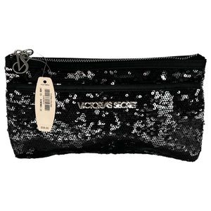 NWT Victoria's Secret Reversible Sequin Clutch Bag Black & Silver Zipper Closure